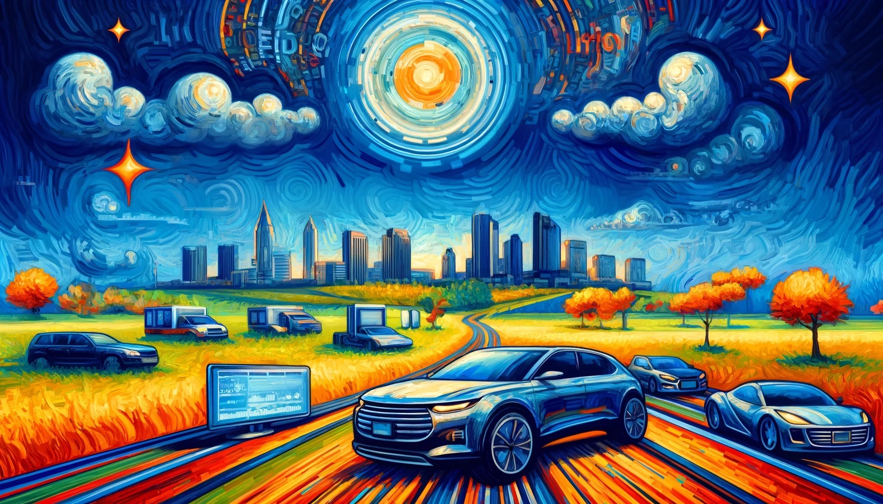 An artistic depiction inspired by Ohio and the concept of electronic titling for modern dealerships in the style of Vincent Van Gogh. The image features rolling landscapes, lush greenery, and a serene countryside with a river winding through. A dealership with cars and digital interfaces is also present, symbolizing streamlined operations and enhanced customer satisfaction. The scene is painted with vibrant, dynamic brush strokes and bold colors, capturing the essence of Ohio's natural beauty and modern automotive services.